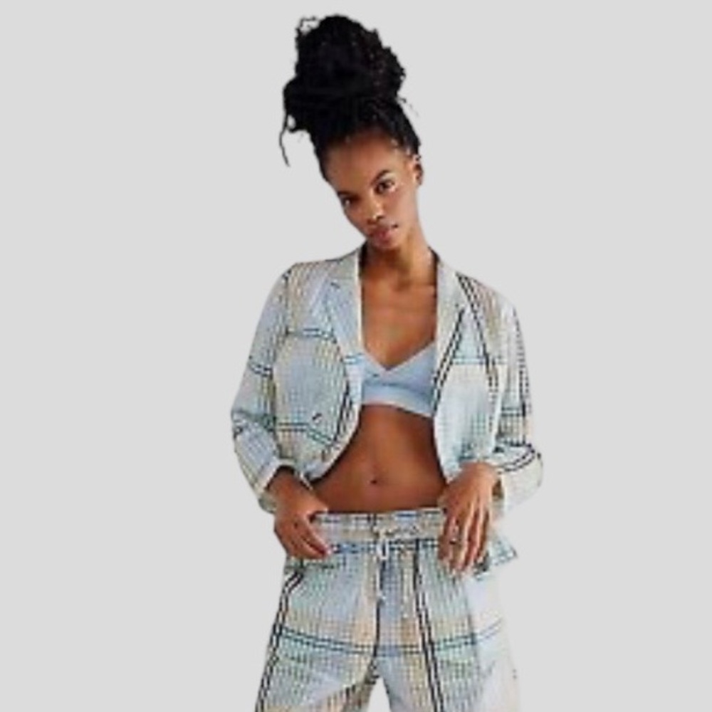 Free People Gracie lightweight Plaid Blazer Jacket Size Large